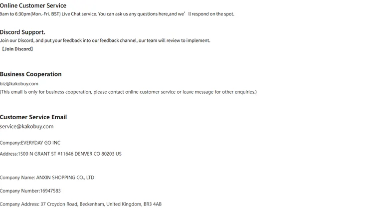 Kakobuy contact page with support hours, emails and two company blocks