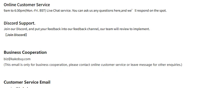 Kakobuy contact page listing live chat hours, Discord support and email addresses