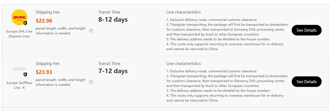 Kakobuy estimator results for a 1 kg parcel to Germany