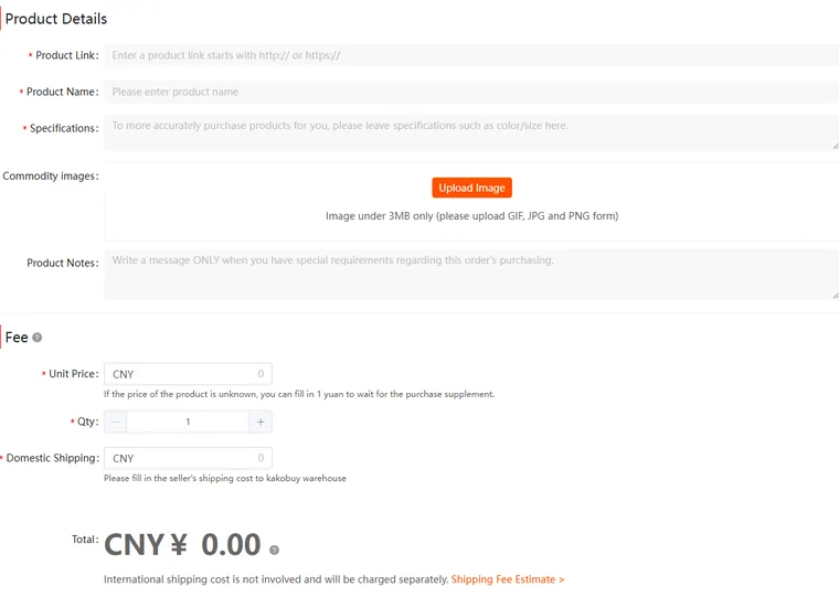 Kakobuy Fill and Buy form with product link, price and domestic shipping fields
