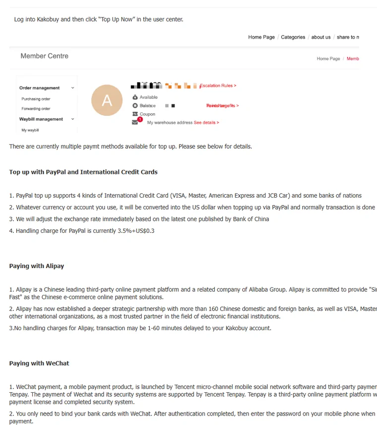 Kakobuy help article 64 on recharge methods and currency conversion