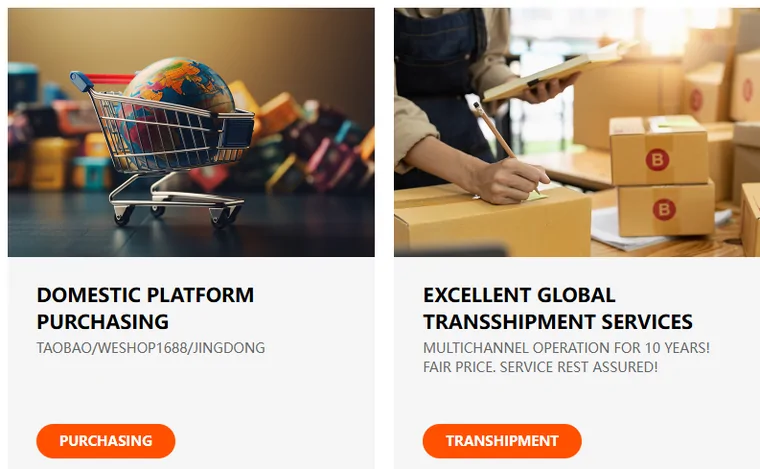 Two Kakobuy home page cards: domestic platform purchasing and global transshipment