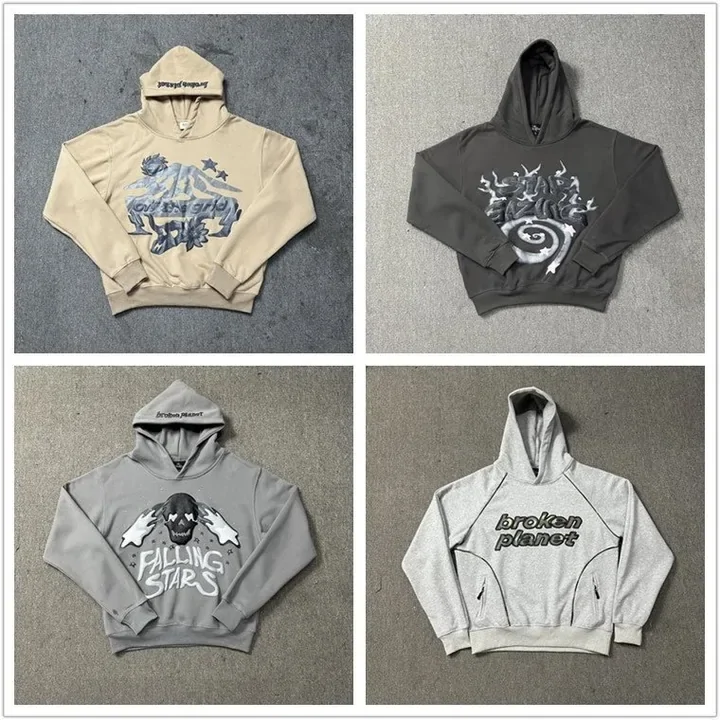 Grey graphic hoodies photographed flat from the front and back
