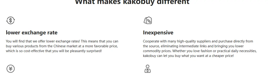 Promotion page section titled What makes kakobuy different with four claims