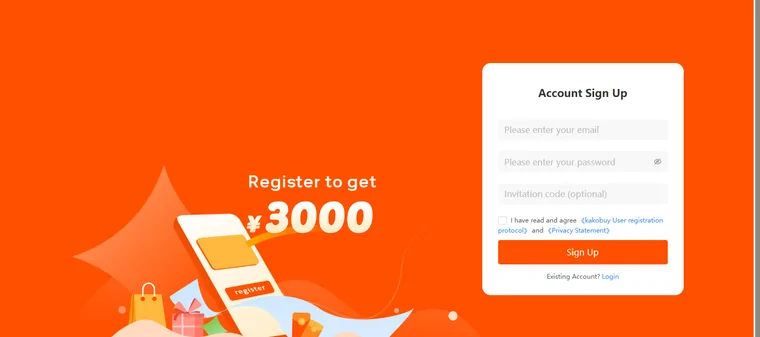 Kakobuy sign-up page with email, password and optional invitation code fields