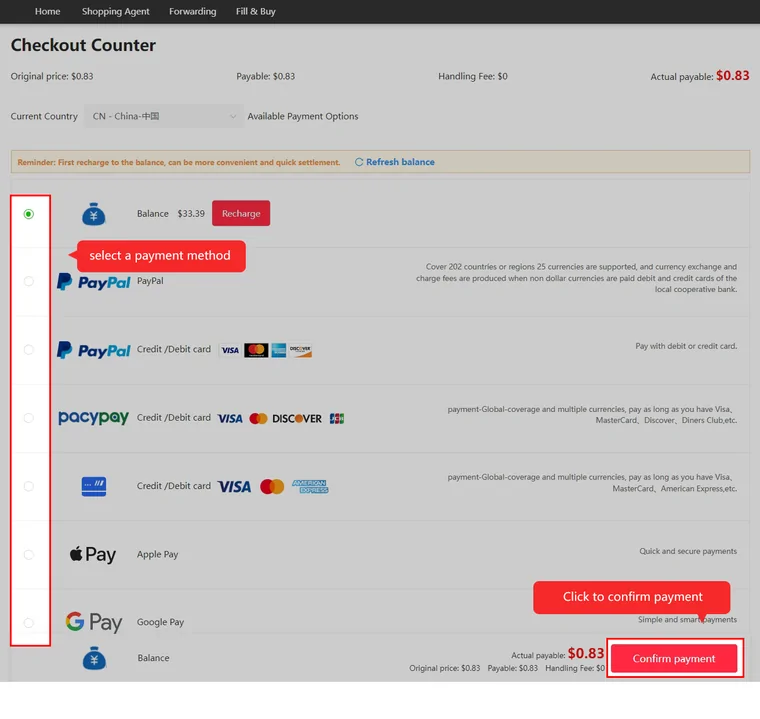 Kakobuy checkout counter showing payable amount, handling fee and payment methods