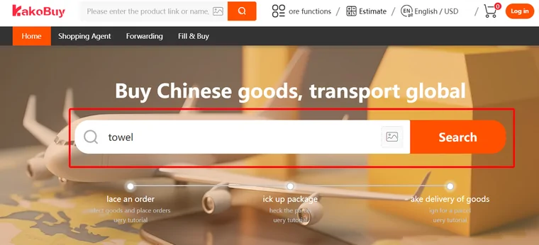 Kakobuy home search bar with the keyword towel typed in