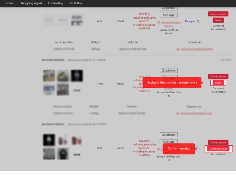 Kakobuy parcel list with packaging and insurance shown inside each total