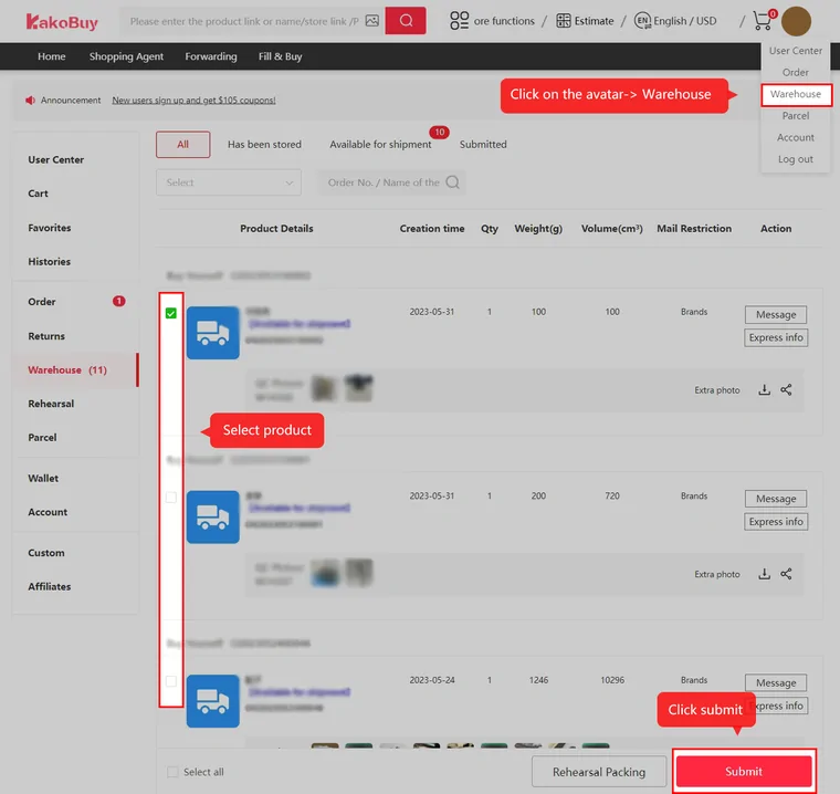 Kakobuy warehouse list showing item creation dates and weights