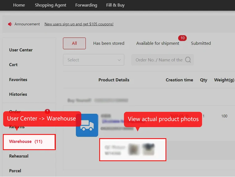 Kakobuy user centre warehouse tab with QC picture thumbnails highlighted