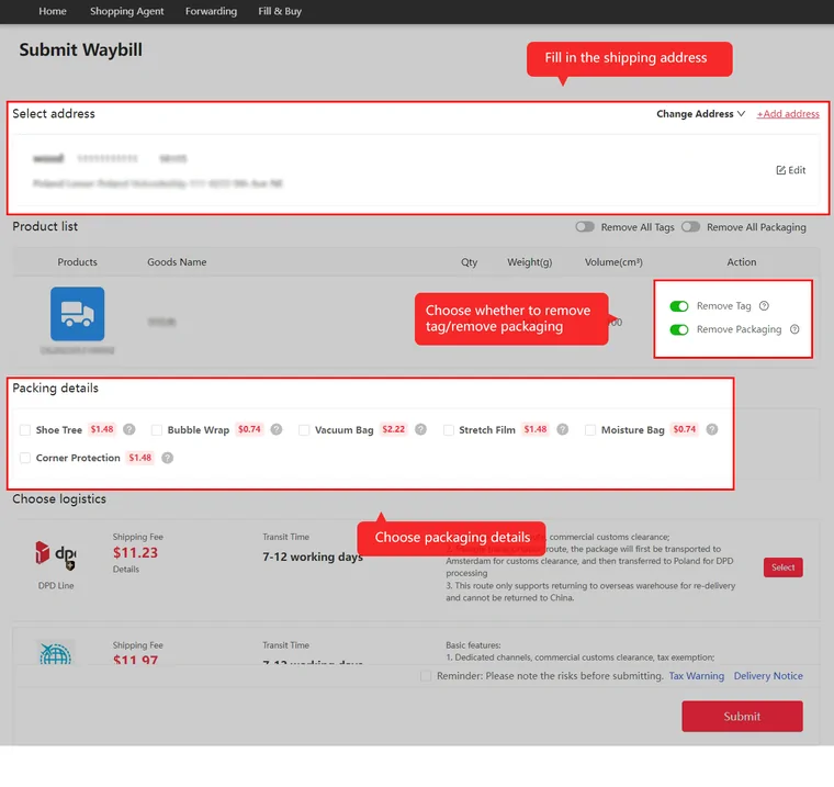 Kakobuy submit waybill screen with packing add-ons and logistics choice