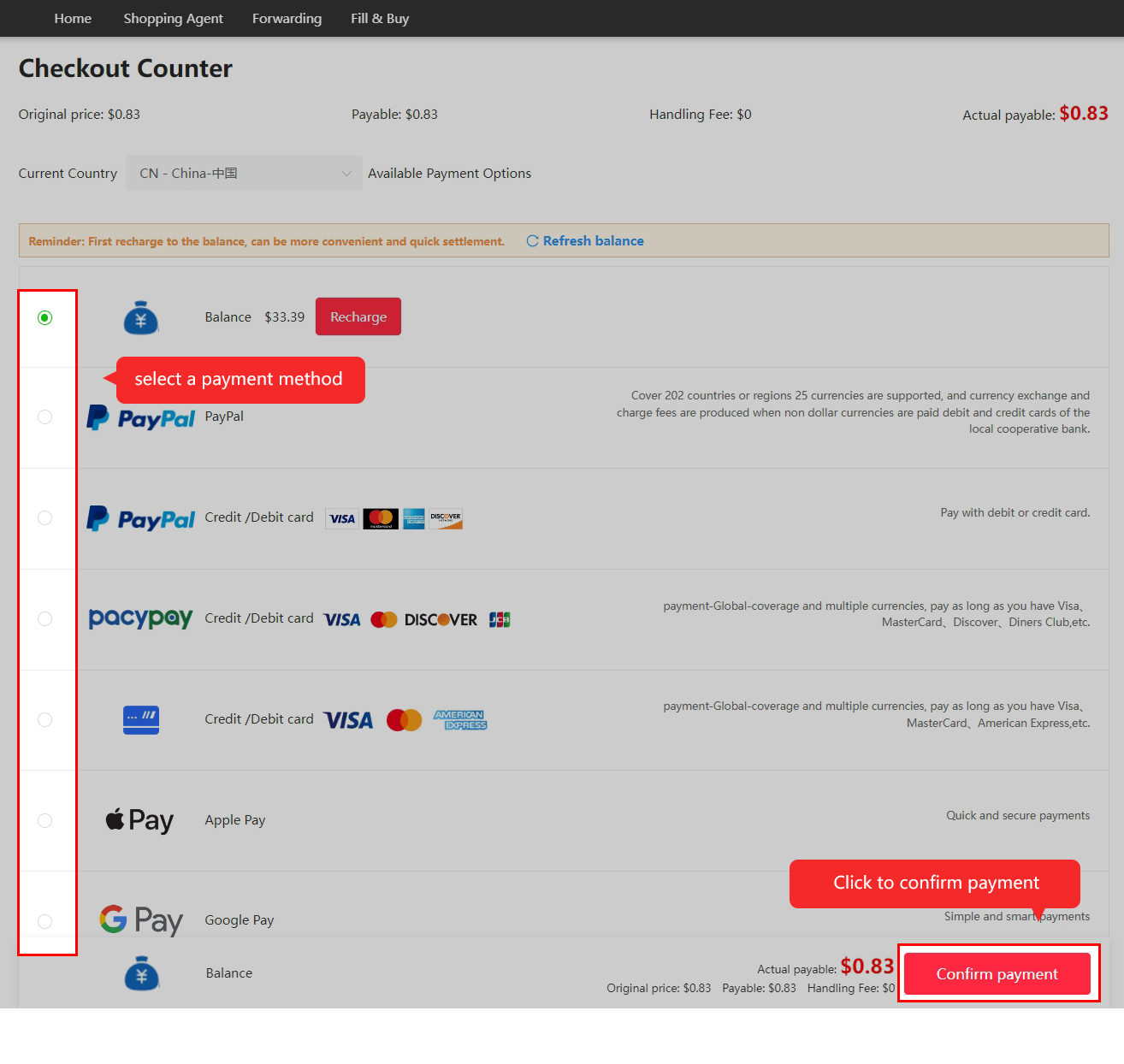 Choose the payment method for goods and seller-to-warehouse delivery.