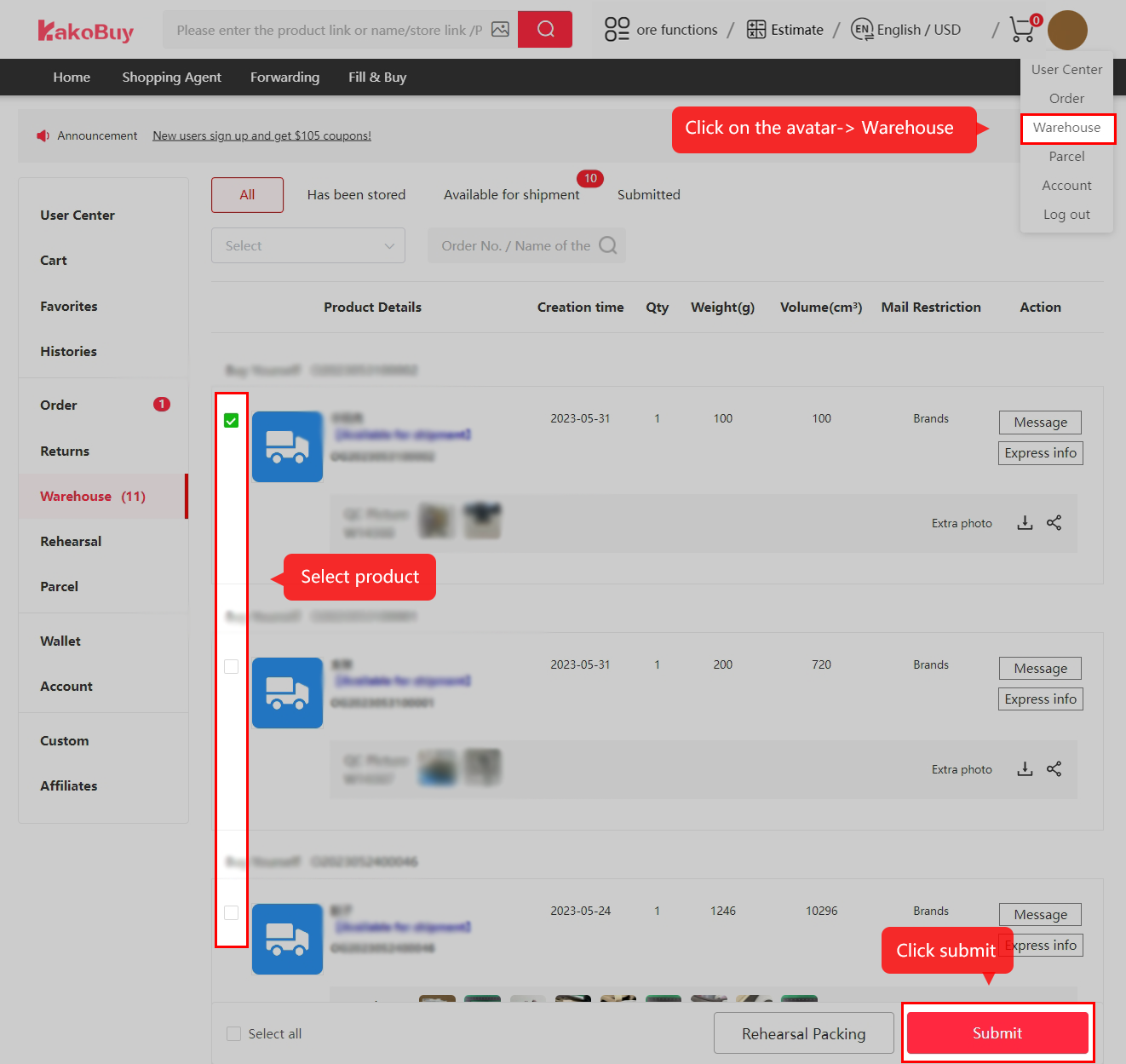 Select the stored items you want in the parcel.