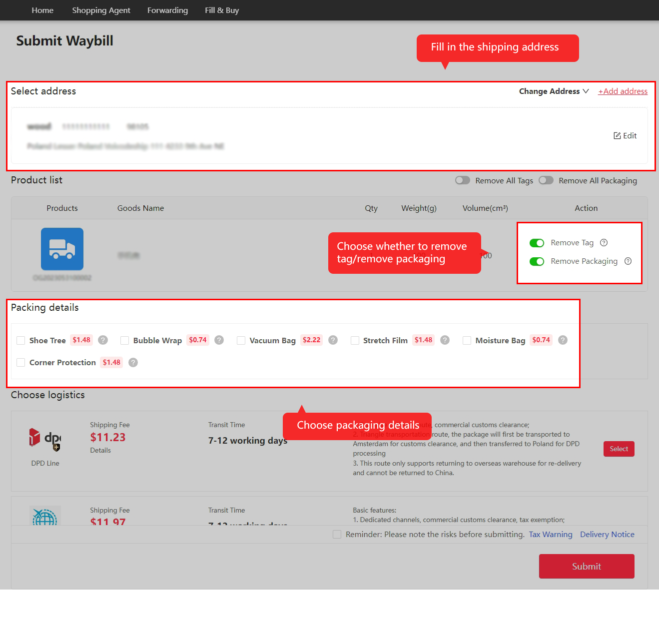 Confirm the delivery address and the packing options.