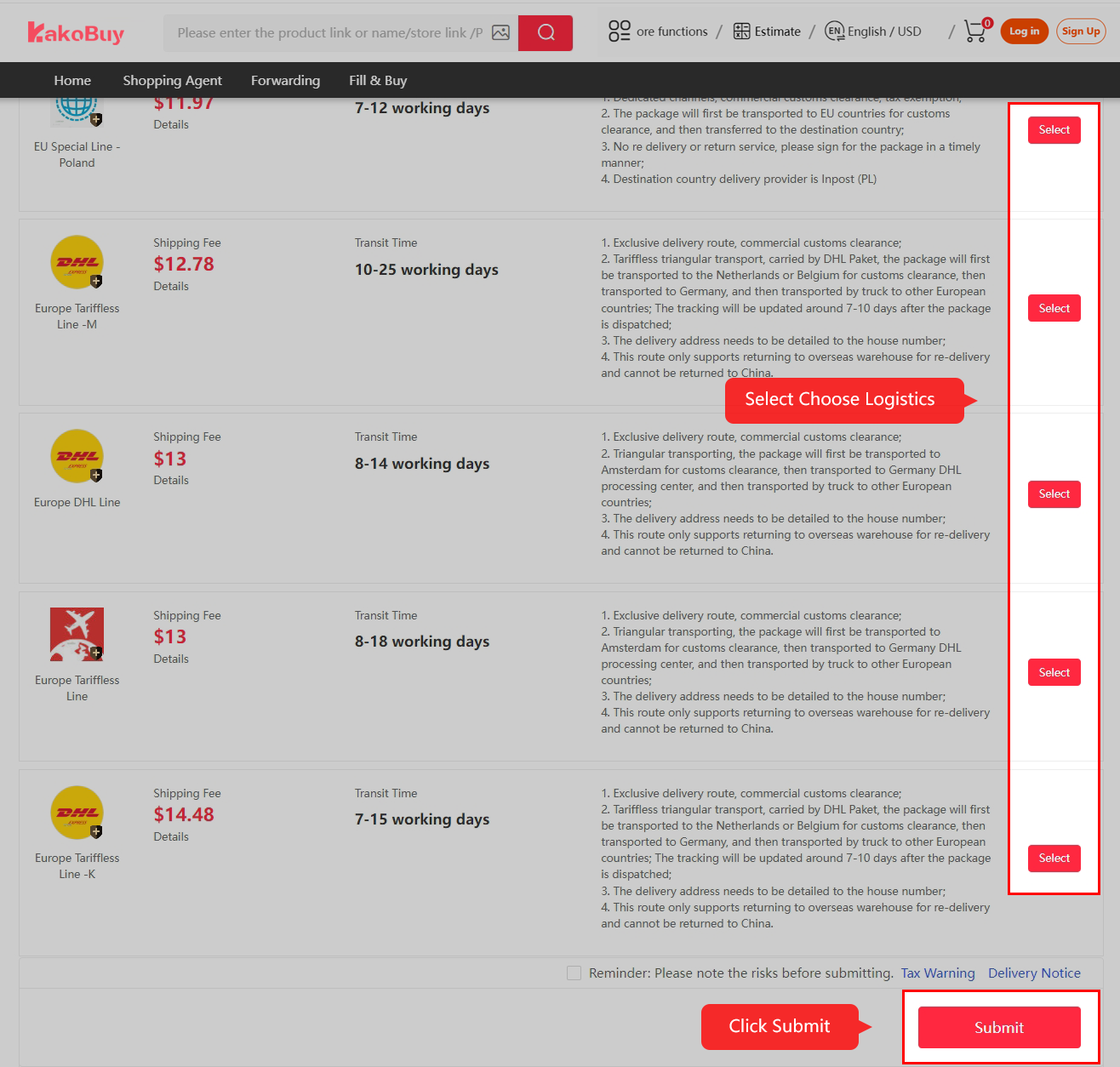 Read the eligible logistics options for your actual destination.