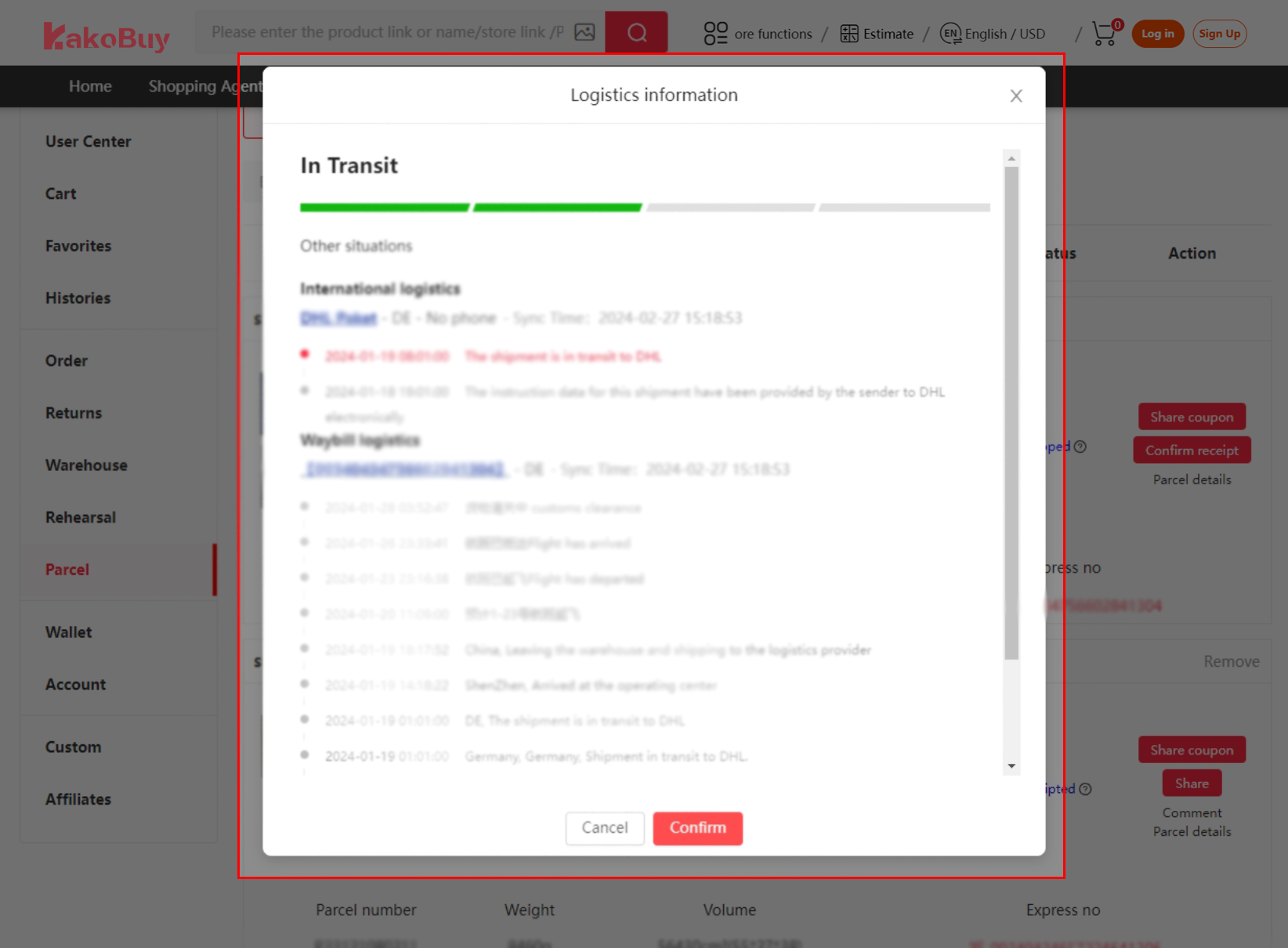 Follow the parcel’s logistics information as it updates.